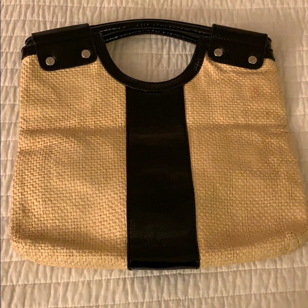 Woven & black patent leather clutch